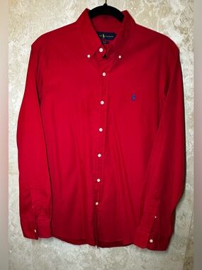Ralph Lauren Men's Red Button-Down Shirt with Blue Pony Logo